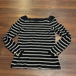 Lauren Ralph Lauren Black and White Striped Long Sleeve Top with gold buttons.